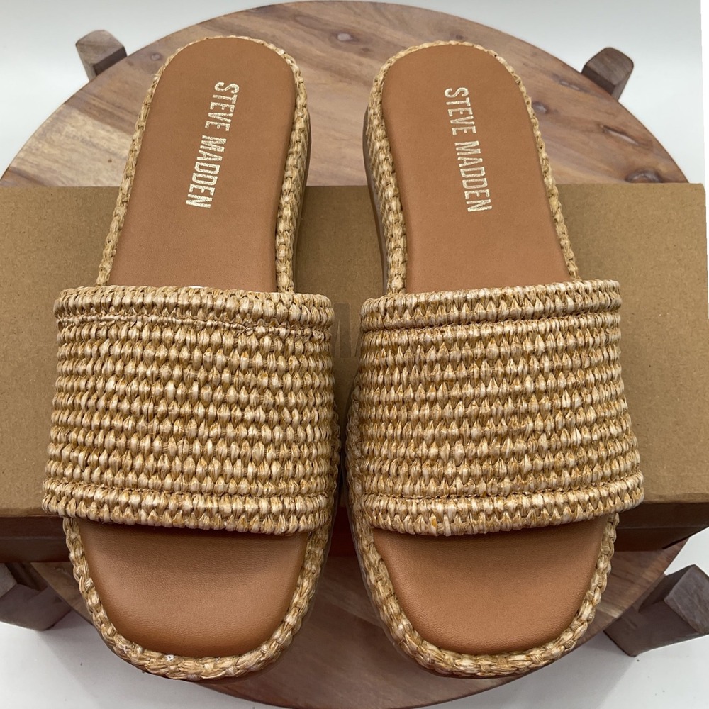 Steve Madden Boardwalk Natural Raffia Platform Slide Sandals Tan BOAR02S1 Womens